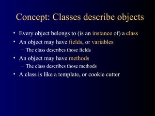 Concept: Classes describe objects
• Every object belongs to (is an instance of) a class
• An object may have fields, or variables
– The class describes those fields
• An object may have methods
– The class describes those methods
• A class is like a template, or cookie cutter
 