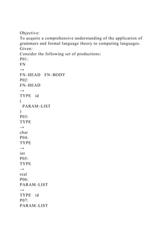 Objective:
To acquire a comprehensive understanding of the application of
grammars and formal language theory to computing languages.
Given:
Consider the following set of productions:
P01:
FN
→
FN–HEAD FN–BODY
P02:
FN–HEAD
→
TYPE id
(
PARAM–LIST
)
P03:
TYPE
→
char
P04:
TYPE
→
int
P05:
TYPE
→
real
P06:
PARAM–LIST
→
TYPE id
P07:
PARAM–LIST
 