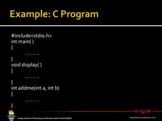 Example: C Program#include<stdio.h>int main( ){. . . . . . }void display( ){. . . . . .}intaddme(int a, int b){. . . . . .}