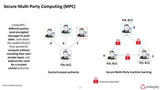 37
https://royalsociety.org
Secure Multi-Party Computing (MPC)
Using MPC,
different parties
send encrypted
messages to each
other, and obtain
the model F(A,B,C)
they wanted to
compute without
revealing their own
private input, and
without the need
for a trusted
central authority.
Secure Multi-Party machine learningCentral trusted authority
A B C
F(A, B,C)
F(A, B,C) F(A, B,C)
Protected data fields
U
B
A C
F(A, B,C)
U U
U
 