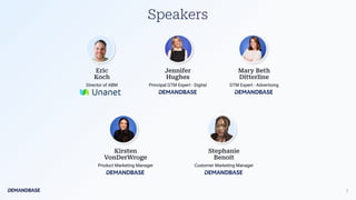 Eric
Koch
Director of ABM
Speakers
Jennifer
Hughes
Principal GTM Expert - Digital
Mary Beth
Ditterline
GTM Expert - Advertising
7
Kirsten
VonDerWroge
Product Marketing Manager
Stephanie
Benoit
Customer Marketing Manager
 