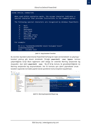 BGA Security | www.bgasecurity.com
22
Ofansif ve Defansif PowerShell
Şekil 15 - Kaçış Karakteri Tanımları
Bu tanımlar dışındaki kullanımlarda PowerShell herhangi bir tepki vermemektedir ve çalışmaya `
karakteri yokmuş gibi devam etmektedir. Örneğin powershell -exec bypass komutu
çalıştırıldığında Script Block loglamanın aktif olduğu bir sistemde Warning seviyesinde log
oluşacaktır. Aynı işlem powershell -exec `B`y`P`A`Ss komutu ile gerçekleştirildiğinde ise
Warning seviyesinde log oluşmamaktadır. Her iki komutta aynı işlemi yapmaktadır ancak `
karakteri sayesinde normalde şüpheli olarak işaretlenen komut tespitten kaçabilmiştir.
Şekil 16 - Warning Seviyesinde Oluşan Log
 