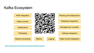 Kafka Ecosystem
https://cwiki.apache.org/confluence/display/KAFKA/Ecosystem
Stream processing
Packaging
Distributions
Kafka connect
Hadoop integration
Database integration
Metrics
Management consoles
Logging
AWS integration
Kafka Camel Integration
Packing and Deployment
 