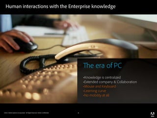 Human interactions with the Enterprise knowledge




                                                                                    e era of PC
                                                                                •Knowledge is centralized
                                                                                •Extended company & Collaboration
                                                                                •Mouse and Keyboard
                                                                                •Learning curve
                                                                                •No mobility at all


©2011 Adobe Systems Incorporated. All Rights Reserved. Adobe Con dential.   6
 