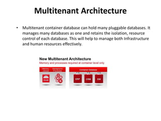 Multitenant Architecture
• Multitenant container database can hold many pluggable databases. It
manages many databases as one and retains the isolation, resource
control of each database. This will help to manage both Infrastructure
and human resources effectively.
 