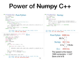 Power of Numpy C++
def solve_numpy_array():
u = uoriginal.copy()
un = u.copy()
converged = False
step = 0
while not converged:
step += 1
un[1:nx-1,1:nx-1] = (u[2:nx,1:nx-1] + u[0:nx-2,1:nx-1] +
u[1:nx-1,2:nx] + u[1:nx-1,0:nx-2]) / 4
norm = np.abs(un-u).max()
u[...] = un[...]
converged = True if norm < 1.e-5 else False
return u, step, norm
def solve_python_loop():
u = uoriginal.copy()
un = u.copy()
converged = False
step = 0
# Outer loop.
while not converged:
step += 1
# Inner loops. One for x and the other for y.
for it in range(1, nx-1):
for jt in range(1, nx-1):
un[it,jt] = (u[it+1,jt] + u[it-1,jt] + u[it,jt+1] + u[it,jt-1]) / 4
norm = np.abs(un-u).max()
u[...] = un[...]
converged = True if norm < 1.e-5 else False
return u, step, norm
CPU times: user 62.1 ms, sys: 1.6 ms, total: 63.7 ms
Wall time: 63.1 ms: Pretty good!
CPU times: user 5.24 s, sys: 22.5 ms, total: 5.26 s
Wall time: 5280 ms: Poor speed
10
std::tuple<xt::xarray<double>, size_t, double>
solve_cpp(xt::xarray<double> u)
{
const size_t nx = u.shape(0);
xt::xarray<double> un = u;
bool converged = false;
size_t step = 0;
double norm;
while (!converged)
{
++step;
for (size_t it=1; it<nx-1; ++it)
{
for (size_t jt=1; jt<nx-1; ++jt)
{
un(it,jt) = (u(it+1,jt) + u(it-1,jt) + u(it,jt+1) + u(it,jt-1)) / 4;
}
}
norm = xt::amax(xt::abs(un-u))();
if (norm < 1.e-5) { converged = true; }
u = un;
}
return std::make_tuple(u, step, norm);
}
CPU times: user 29.7 ms, sys: 506 µs, total: 30.2 ms
Wall time: 29.9 ms: Definitely good!
Pure Python 5280 ms
Numpy 63.1 ms
C++ 29.9 ms
83.7x
2.1x 176.6x
Pure Python Numpy
C++
The speed is the reason

1000 computers → 5.67

Save a lot of $
 