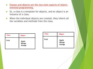  Classes and objects are the two main aspects of object-
oriented programming.
 So, a class is a template for objects, and an object is an
instance of a class.
 When the individual objects are created, they inherit all
the variables and methods from the class.
 