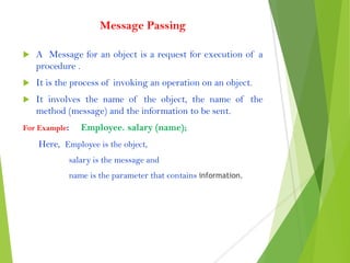 Message Passing
 A Message for an object is a request for execution of a
procedure .
 It is the process of invoking an operation on an object.
 It involves the name of the object, the name of the
method (message) and the information to be sent.
For Example: Employee. salary (name);
Here, Employee is the object,
salary is the message and
name is the parameter that contains information.
 