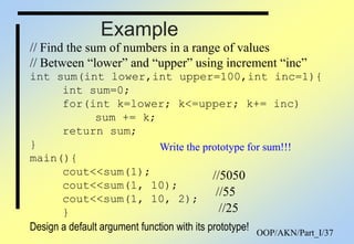 OOP/AKN/Part_I/37
Example
// Find the sum of numbers in a range of values
// Between “lower” and “upper” using increment “inc”
int sum(int lower,int upper=100,int inc=1){
int sum=0;
for(int k=lower; k<=upper; k+= inc)
sum += k;
return sum;
}
main(){
cout<<sum(1);
cout<<sum(1, 10);
cout<<sum(1, 10, 2);
}
Design a default argument function with its prototype!
//5050
//55
//25
Write the prototype for sum!!!
 