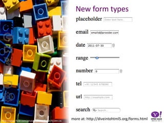 New form typesmore at: http://diveintohtml5.org/forms.htmlhttp://www.flickr.com/photos/wwworks/2475349116