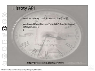 Hisroty APIwindow . history . pushState(data, title [, url ] )window.addEventListener("popstate", function(event) {set(event.state);}http://diveintohtml5.org/history.htmlhttp://www.flickr.com/photos/archetypefotografie/3821120232