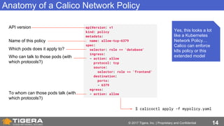 14© 2017 Tigera, Inc. | Proprietary and Confidential
Anatomy of a Calico Network Policy
apiVersion: v1
kind: policy
metadata:
name: allow-tcp-6379
spec:
selector: role == 'database'
ingress:
- action: allow
protocol: tcp
source:
selector: role == 'frontend'
destination:
ports:
- 6379
egress:
- action: allow
Name of this policy
Which pods does it apply to?
Who can talk to those pods (with
which protocols?)
To whom can those pods talk (with
which protocols?)
$ calicoctl apply -f mypolicy.yaml
API version
Yes, this looks a lot
like a Kubernetes
Network Policy…
Calico can enforce
k8s policy or this
extended model
 