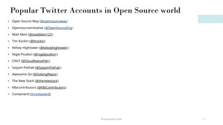 Presentation title 11
Popular Twitter Accounts in Open Source world
• Open Source Way (@opensourceway)
• Opensourceinitiative (@OpenSourceOrg)
• Matt Klein (@mattklein123)
• Tim Kockin (@thockin)
• Kelsey Hightower (@kelseyhightower)
• Nigel Poulton (@nigelpoulton)
• CNCF (@CloudNativeFdn)
• Saiyam Pathak (@SaiyamPathak)
• Awesome Go (@GolangRepos)
• The New Stack (@thenewstack)
• K8scontributors (@K8sContributors)
• Containerd (@containerd)
 