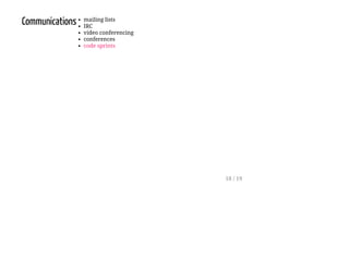 Communications mailing lists
IRC
video conferencing
conferences
code sprints
18 / 19
 