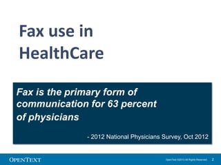 Fax use in
HealthCare
Fax is the primary form of
communication for 63 percent
of physicians
- 2012 National Physicians Survey, Oct 2012

OpenText ©2013 All Rights Reserved.

2

 