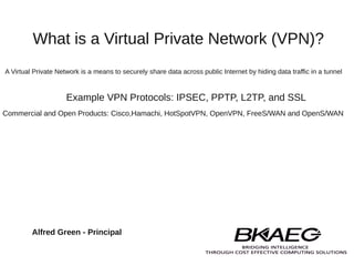 What is a Virtual Private Network (VPN)?
A Virtual Private Network is a means to securely share data across public Internet by hiding data traffic in a tunnel



                     Example VPN Protocols: IPSEC, PPTP, L2TP, and SSL
Commercial and Open Products: Cisco,Hamachi, HotSpotVPN, OpenVPN, FreeS/WAN and OpenS/WAN




         Alfred Green - Principal
 
