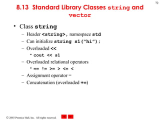 8.13 Standard Library Classes  string  and  vector Class  string Header  <string>,  namespace  std Can initialize  string s1(“hi”); Overloaded  << cout << s1 Overloaded relational operators == != >= > <= < Assignment operator = Concatenation (overloaded  += ) 