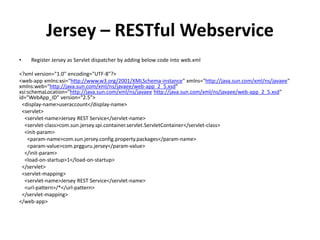 Jersey – RESTfulWebservice 
• Register Jersey as Servlet dispatcher by adding below code into web.xml 
<?xml version="1.0" encoding="UTF-8"?> 
<web-app xmlns:xsi="http://www.w3.org/2001/XMLSchema-instance" xmlns="http://java.sun.com/xml/ns/javaee" 
xmlns:web="http://java.sun.com/xml/ns/javaee/web-app_2_5.xsd" 
xsi:schemaLocation="http://java.sun.com/xml/ns/javaee http://java.sun.com/xml/ns/javaee/web-app_2_5.xsd" 
id="WebApp_ID" version="2.5"> 
<display-name>useraccount</display-name> 
<servlet> 
<servlet-name>Jersey REST Service</servlet-name> 
<servlet-class>com.sun.jersey.spi.container.servlet.ServletContainer</servlet-class> 
<init-param> 
<param-name>com.sun.jersey.config.property.packages</param-name> 
<param-value>com.prgguru.jersey</param-value> 
</init-param> 
<load-on-startup>1</load-on-startup> 
</servlet> 
<servlet-mapping> 
<servlet-name>Jersey REST Service</servlet-name> 
<url-pattern>/*</url-pattern> 
</servlet-mapping> 
</web-app> 
 