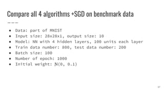 Compare all 4 algorithms +SGD on benchmark data
● Data: part of MNIST
● Input size: 28x28x1, output size: 10
● Model: NN with 4 hidden layers, 100 units each layer
● Train data number: 800, test data number: 200
● Batch size: 100
● Number of epoch: 1000
● Initial weight: Ɲ(0, 0.1)
37
 