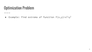 Optimization Problem
● Example: find extrema of function f(x,y)=x2
+y2
6
 