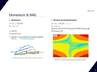 Momentum & NAG
5
 Momentum
𝑣 𝑡 = 𝛾𝑣 𝑡−1 + η𝛻𝜃𝑡
𝐽 𝜃𝑡
𝜃𝑡+1 = 𝜃𝑡 − 𝑣 𝑡
𝑣 𝑡: 이동거리
𝛾: 𝑚𝑜𝑚𝑒𝑛𝑡𝑢𝑚 𝑡𝑒𝑟𝑚
𝑣4 = η𝛻𝜃3
𝐽 𝜃3 + 𝛾3 𝑣0 + 𝛾3η𝛻𝜃0
𝐽 𝜃0 + 𝛾2η𝛻𝜃1
𝐽 𝜃1 + 𝛾η𝛻𝜃2
𝐽 𝜃2
현재 gradient 과거 momentum 효과, big jump
 Nesterov Accelerated Gradient
𝑣 𝑡 = 𝛾𝑣 𝑡−1 + η𝛻𝜃𝑡
𝐽 𝜃𝑡 − 𝛾𝑣 𝑡−1
𝜃𝑡+1 = 𝜃𝑡 − 𝑣 𝑡
Momentum과 마찬가지로 이전 gradient의 방향으로 big jump를
한 후 gradient 반영
Momentum & Nesterov update (참조: G. Hinton’s lecture 6c)
Animation of Gradient descent & Momentum & Nesterov update
 