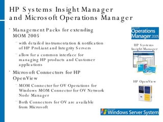 HP Systems Insight Manager and Microsoft Operations Manager HP Systems  Insight Manager HP OpenView Management Packs for extending MOM 2005 with detailed instrumentation & notification of HP ProLiant and Integrity Servers allow for a common interface for managing HP products and Customer applications Microsoft Connectors for HP OpenView MOM Connector for OV Operations for Windows MOM Connector for OV Network Node Manager Both Connectors for OV are available from Microsoft 
