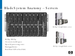 BladeSystem Anatomy – Servers BL30p / BL35p 16 servers in 6U space Up to 64 processing cores Dual gigabit nics Boot from SAN or local disk BL35p ½ height blade server BL30p ½ height blade server 