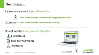 Page 23 © Hortonworks Inc. 2011 – 2015. All Rights Reserved
Next Steps…
Download the Hortonworks Sandbox
Learn Hadoop
Build Your Analytic App
Try Hadoop
Learn more about our partnerships
http://hortonworks.com/partner/rcg-global-services/
http://hortonworks.com/partner/attunity/
 