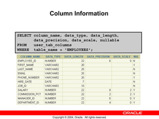 Column Information


SELECT column_name, data_type, data_length,
       data_precision, data_scale, nullable
FROM   user_tab_columns
WHERE table_name = 'EMPLOYEES';




              Copyright © 2004, Oracle. All rights reserved.
 
