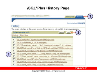 iSQL*Plus History Page

                                                           3




                                                       2




1



      Copyright © 2004, Oracle. All rights reserved.
 
