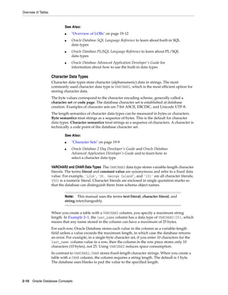 Overview of Tables
2-10 Oracle Database Concepts
Character Data Types
Character data types store character (alphanumeric) data in strings. The most
commonly used character data type is VARCHAR2, which is the most efficient option for
storing character data.
The byte values correspond to the character encoding scheme, generally called a
character set or code page. The database character set is established at database
creation. Examples of character sets are 7-bit ASCII, EBCDIC, and Unicode UTF-8.
The length semantics of character data types can be measured in bytes or characters.
Byte semantics treat strings as a sequence of bytes. This is the default for character
data types. Character semantics treat strings as a sequence of characters. A character is
technically a code point of the database character set.
VARCHAR2 and CHAR Data Types The VARCHAR2 data type stores variable-length character
literals. The terms literal and constant value are synonymous and refer to a fixed data
value. For example, 'LILA', 'St. George Island', and '101' are all character literals;
5001 is a numeric literal. Character literals are enclosed in single quotation marks so
that the database can distinguish them from schema object names.
When you create a table with a VARCHAR2 column, you specify a maximum string
length. In Example 2–1, the last_name column has a data type of VARCHAR2(25), which
means that any name stored in the column can have a maximum of 25 bytes.
For each row, Oracle Database stores each value in the column as a variable-length
field unless a value exceeds the maximum length, in which case the database returns
an error. For example, in a single-byte character set, if you enter 10 characters for the
last_name column value in a row, then the column in the row piece stores only 10
characters (10 bytes), not 25. Using VARCHAR2 reduces space consumption.
In contrast to VARCHAR2, CHAR stores fixed-length character strings. When you create a
table with a CHAR column, the column requires a string length. The default is 1 byte.
The database uses blanks to pad the value to the specified length.
See Also:
■ "Overview of LOBs" on page 19-12
■ Oracle Database SQL Language Reference to learn about built-in SQL
data types
■ Oracle Database PL/SQL Language Reference to learn about PL/SQL
data types
■ Oracle Database Advanced Application Developer's Guide for
information about how to use the built-in data types
See Also:
■ "Character Sets" on page 19-9
■ Oracle Database 2 Day Developer's Guide and Oracle Database
Advanced Application Developer's Guide and to learn how to
select a character data type
Note: This manual uses the terms text literal, character literal, and
string interchangeably.
 
