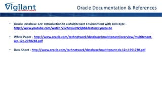 Oracle Documentation & References
• Oracle Database 12c: Introduction to a Multitenant Environment with Tom Kyte -
http://www.youtube.com/watch?v=2MrouEW9j88&feature=youtu.be
• White Paper - http://www.oracle.com/technetwork/database/multitenant/overview/multitenant-
wp-12c-2078248.pdf
• Data Sheet - http://www.oracle.com/technetwork/database/multitenant-ds-12c-1951720.pdf
 