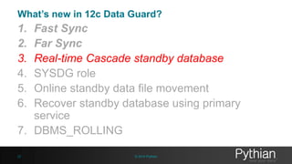 Far Sync: High Availability 
• After role transition(Switch over), will be the commit response time remains same 
between new primary and the Far Sync-1(canfar)? 
• To avail maximum availability for zero data loss establish a new far sync instance 
near to the primary. 
ASYNC 
SYNC 
22 © 2014 Pythian 
Switch 
over 
Switch 
over 
Distance ? 
SYNC 
ASYNC 
 