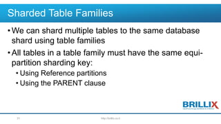 Sharded Table Families
•We can shard multiple tables to the same database
shard using table families
•All tables in a table family must have the same equi-
partition sharding key:
• Using Reference partitions
• Using the PARENT clause
http://brillix.co.il31
 