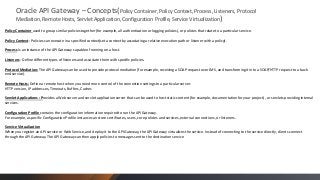 Oracle API Gateway – Concepts(Policy Container, Policy Context, Process, Listeners, Protocol
Mediation, Remote Hosts, Servlet Application, Configuration Profile, Service Virtualization)
Policy Container used to group similar policies together (for example, all authentication or logging policies), or policies that relate to a particular service.
Policy Context : Policies can execute in a specified context(set a context by associating a relative execution path or listener with a policy).
Process is an instance of the API Gateway capable of running on a host.
Listeners : Define different types of listeners and associate them with specific policies.
Protocol Mediation: The API Gateway can be used to provide protocol mediation (for example, receiving a SOAP request over JMS, and transforming it into a SOAP/HTTP request to a backend service).
Remote Hosts: Define a remote host when you need more control of the connection settings to a particular server.
HTTP version, IP addresses, Timeouts, Buffers, Caches
Servlet Applications : Provides a Web server and servlet application server that can be used to host static content (for example, documentation for your project), or servlets providing internal
services.
Configuration Profile contains the configuration information required to run the API Gateway.
For example, a specific Configuration Profile instance can store certificates, users, core policies and services, external connections, or listeners.
Service Virtualization
When you register an API service or Web Service, and deploy it to the API Gateway, the API Gateway virtualizes the service. Instead of connecting to the service directly, clients connect
through the API Gateway. The API Gateway can then apply policies to messages sent to the destination service

 