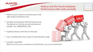 Node.js and the Oracle Database
Performance with node-oracledb
• Make sure you create a connection pool in the
right scope to promote re-use
• Consider increasing the LibUV thread pool size.
The default is 4. Can be set with environment
variable: UV_THREADPOOL_SIZE
• Explicitly release connections to the pool
• Use a resultSet when the number of rows fetched is large
• Consider using DRCP
Read: http://docs.oracle.com/database/121/ADFNS/adfns_perf_scale.htm#ADFNS228
 