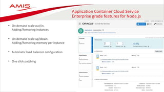 Application Container Cloud Service
Enterprise grade features for Node.js
• On demand scale out/in.
Adding/Removing instances
• On demand scale up/down.
Adding/Removing memory per instance
• Automatic load balancer configuration
• One click patching
 