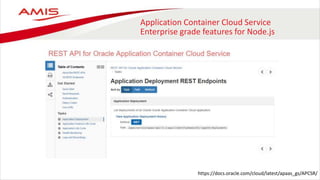 Application Container Cloud Service
Enterprise grade features for Node.js
https://docs.oracle.com/cloud/latest/apaas_gs/APCSR/
 