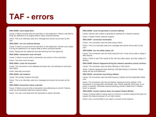TAF - errors
ORA-25400: must replay fetch                                                            ORA-25406: could not generate a connect address
Cause: A failure occured since the last fetch on this statement. Failover was able to   Cause: Failover was unable to generate an address for a backup instance.
bring the statement to its original state to allow continued fetches.
                                                                                        Action: Contact Oracle customer support.
Action: This is an internally used error message and should not be seen by the
                                                                                        ORA-25407: connection terminated
user.
                                                                                        Cause: The connection was lost while doing a fetch.
ORA-25401: can not continue fetches
                                                                                        Action: This is an internally used error message and should not be seen by the
Cause: A failure occured since the last fetch on this statement. Failover was unable
                                                                                        user.
to bring the statement to its original state to allow continued fetches.
                                                                                        ORA-25408: can not safely replay call
Action: Reexecute the statement and start fetching from the beginning
                                                                                        Cause: The connection was lost while doing this call. It may not be safe to replay it
ORA-25402: transaction must roll back
                                                                                        after failover.
Cause: A failure occured while a transaction was active on this connection.
                                                                                        Action: Check to see if the results of the call have taken place, and then replay it if
Action: The client must roll back.                                                      desired.
ORA-25403: could not reconnect                                                          ORA-25409: failover happened during the network operation,cannot continue
Cause: The connection to the database has been lost, and attempts to reconnect          Cause: The connection was lost when fetching a LOB column.
have failed.
                                                                                        Action: Failover happened when fetching LOB data directly or indirectly. Please
Action: Manually reconnect.                                                             replay the top level statement.
ORA-25404: lost instance                                                                ORA-25425: connection lost during rollback
Cause: The primary instance has died.                                                   Cause: The connection was lost while issuing a rollback and the application failed
                                                                                        over.
Action: This is an internally used error message and should not be seen by the
user.                                                                                   Action: The connection was lost and failover happened during rollback. If the
                                                                                        transaction is not externally coordinated, then Oracle implicitly rolled back, so no
ORA-25405: transaction status unknown
                                                                                        action is required. Otherwise examine pending_trans$ to determine if "rollback
Cause: A failure occured while a transaction was attempting to commit. Failover         force" is required.
could not automatically determine instance status.
                                                                                        ORA-25426: remote instance does not support shared dblinks
Action: The user must determine the transaction's status manually.
                                                                                        Cause: A shared dblink is being used to connect to a remote instance that does not
                                                                                        support this feature because it is an older version.
                                                                                        Action: Use a normal dblink if you need to connect to this instance.
 