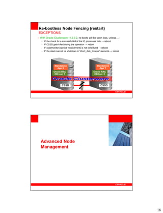 Re-bootless Node Fencing (restart)
EXCEPTIONS
• With Oracle Clusterware 11.2.0.2, re-boots will be seen less, unless…:
   –   IF the check for a successful kill of the IO processes fails → reboot
   –   IF CSSD gets killed during the operation → reboot
   –   IF cssdmonitor (oprocd replacement) is not scheduled → reboot
   –   IF the stack cannot be shutdown in “short_disk_timeout”-seconds → reboot




                 Standalone                              Standalone
                   App X                                   App Y
                Oracle RAC                            Oracle RAC
                 DB Inst. 1                            DB Inst. 2




                        CSSD                                 CSSD




                                                                      <Insert Picture Here>



  Advanced Node
  Management
 