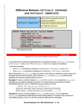 A constraint that is defined as deferrable can be specified as either INITIALLY DEFERRED
or INITIALLY IMMEDIATE. The INITIALLY IMMEDIATE clause is the default.
In the slide example:
• The sal_ck constraint is created as DEFERRABLE INITIALLY IMMEDIATE
• The bonus_ck constraint is created as DEFERRABLE INITIALLY DEFERRED
After creating the emp_new_sal table, as shown in the slide, you attempt to insert values into
the table and observe the results. When both the sal_ck and bonus_ck constraints are
satisfied, the rows are inserted without an error.
Example 1: Insert a row that violates sal_ck. In the CREATE TABLE statement, sal_ck is
specified as an initially immediate constraint. This means that the constraint is verified
immediately after the INSERT statement and you observe an error.
INSERT INTO emp_new_sal VALUES(90,5);
Example 2: Insert a row that violates bonus_ck. In the CREATE TABLE statement,
bonus_ck is specified as deferrable and also initially deferred. Therefore, the constraint is
not verified until you COMMIT or set the constraint state back to immediate.
Oracle Database 12c: SQL Workshop II 5 - 16
Copyright © 2013, Oracle and/or its affiliates. All rights reserved.
Difference Between INITIALLY DEFERRED
and INITIALLY IMMEDIATE
INITIALLY DEFERRED Waits until the transaction ends to
check the constraint
INITIALLY IMMEDIATE Checks the constraint at the end of
the statement execution
CREATE TABLE emp_new_sal (salary NUMBER
CONSTRAINT sal_ck
CHECK (salary > 100)
DEFERRABLE INITIALLY IMMEDIATE,
bonus NUMBER
CONSTRAINT bonus_ck
CHECK (bonus > 0 )
DEFERRABLE INITIALLY DEFERRED );
OracleUniversityandEgabiSolutionsuseonly
THESEeKITMATERIALSAREFORYOURUSEINTHISCLASSROOMONLY.COPYINGeKITMATERIALSFROMTHISCOMPUTERISSTRICTLYPROHIBITED
 