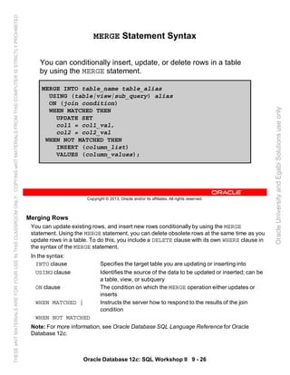 Merging Rows
You can update existing rows, and insert new rows conditionally by using the MERGE
statement. Using the MERGE statement, you can delete obsolete rows at the same time as you
update rows in a table. To do this, you include a DELETE clause with its own WHERE clause in
the syntax of the MERGE statement.
In the syntax:
INTO clause Specifies the target table you are updating or inserting into
USING clause Identifies the source of the data to be updated or inserted; can be
a table, view, or subquery
ON clause The condition on which the MERGE operation either updates or
inserts
WHEN MATCHED | Instructs the server how to respond to the results of the join
condition
WHEN NOT MATCHED
Note: For more information, see Oracle Database SQL Language Reference for Oracle
Database 12c.
Oracle Database 12c: SQL Workshop II 9 - 26
Copyright © 2013, Oracle and/or its affiliates. All rights reserved.
MERGE Statement Syntax
You can conditionally insert, update, or delete rows in a table
by using the MERGE statement.
MERGE INTO table_name table_alias
USING (table|view|sub_query) alias
ON (join condition)
WHEN MATCHED THEN
UPDATE SET
col1 = col1_val,
col2 = col2_val
WHEN NOT MATCHED THEN
INSERT (column_list)
VALUES (column_values);
OracleUniversityandEgabiSolutionsuseonly
THESEeKITMATERIALSAREFORYOURUSEINTHISCLASSROOMONLY.COPYINGeKITMATERIALSFROMTHISCOMPUTERISSTRICTLYPROHIBITED
 