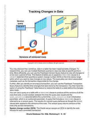 You may discover that, somehow, data in a table has been inappropriately changed. To
research this, you can use multiple flashback queries to view row data at specific points in
time. More efficiently, you can use the Flashback Version Query feature to view all changes to
a row over a period of time. This feature enables you to append a VERSIONS clause to a
SELECT statement that specifies a system change number (SCN) or the time stamp range
within which you want to view changes to row values. The query also can return associated
metadata, such as the transaction responsible for the change.
Further, after you identify an erroneous transaction, you can use the Flashback Transaction
Query feature to identify other changes that were done by the transaction. You then have the
option of using the Flashback Table feature to restore the table to a state before the changes
were made.
You can use a query on a table with a VERSIONS clause to produce all the versions of all the
rows that exist, or ever existed, between the time the query was issued and the
undo_retention seconds before the current time. undo_retention is an initialization
parameter, which is an autotuned parameter. A query that includes a VERSIONS clause is
referred to as a version query. The results of a version query behaves as though the WHERE
clause were applied to the versions of the rows. The version query returns versions of the
rows only across transactions.
System change number (SCN): The Oracle server assigns an SCN to identify the redo
records for each committed transaction.
Oracle Database 12c: SQL Workshop II 9 - 35
Copyright © 2013, Oracle and/or its affiliates. All rights reserved.
Tracking Changes in Data
Versions of retrieved rows
SELECT
…
Version
query
OracleUniversityandEgabiSolutionsuseonly
THESEeKITMATERIALSAREFORYOURUSEINTHISCLASSROOMONLY.COPYINGeKITMATERIALSFROMTHISCOMPUTERISSTRICTLYPROHIBITED
 