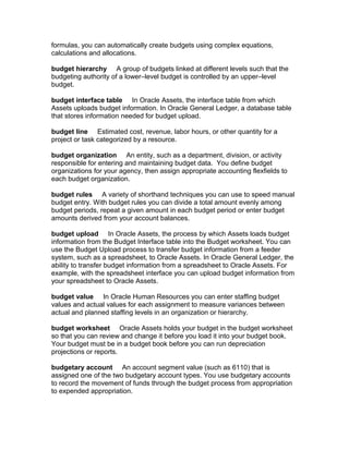 formulas, you can automatically create budgets using complex equations,
calculations and allocations.

budget hierarchy A group of budgets linked at different levels such that the
budgeting authority of a lower–level budget is controlled by an upper–level
budget.

budget interface table In Oracle Assets, the interface table from which
Assets uploads budget information. In Oracle General Ledger, a database table
that stores information needed for budget upload.

budget line Estimated cost, revenue, labor hours, or other quantity for a
project or task categorized by a resource.

budget organization An entity, such as a department, division, or activity
responsible for entering and maintaining budget data. You define budget
organizations for your agency, then assign appropriate accounting flexfields to
each budget organization.

budget rules A variety of shorthand techniques you can use to speed manual
budget entry. With budget rules you can divide a total amount evenly among
budget periods, repeat a given amount in each budget period or enter budget
amounts derived from your account balances.

budget upload In Oracle Assets, the process by which Assets loads budget
information from the Budget Interface table into the Budget worksheet. You can
use the Budget Upload process to transfer budget information from a feeder
system, such as a spreadsheet, to Oracle Assets. In Oracle General Ledger, the
ability to transfer budget information from a spreadsheet to Oracle Assets. For
example, with the spreadsheet interface you can upload budget information from
your spreadsheet to Oracle Assets.

budget value In Oracle Human Resources you can enter staffing budget
values and actual values for each assignment to measure variances between
actual and planned staffing levels in an organization or hierarchy.

budget worksheet Oracle Assets holds your budget in the budget worksheet
so that you can review and change it before you load it into your budget book.
Your budget must be in a budget book before you can run depreciation
projections or reports.

budgetary account An account segment value (such as 6110) that is
assigned one of the two budgetary account types. You use budgetary accounts
to record the movement of funds through the budget process from appropriation
to expended appropriation.
 