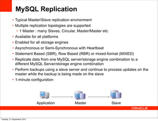 MySQL Replication
           • Typical Master/Slave replication environment
           • Multiple replication topologies are supported
              • 1 Master : many Slaves, Circular, Master/Master etc.
           • Available for all platforms
           • Enabled for all storage engines
           • Asynchronous or Semi-Synchronous with Heartbeat
           • Statement Based (SBR), Row Based (RBR) or mixed-format (MIXED)
           • Replicate data from one MySQL server/storage engine combination to a
             different MySQL Server/storage engine combination
           • Perform backups using a slave server and continue to process updates on the
             master while the backup is being made on the slave
           • 1-minute configuration




                             Application      Master               Slave



Tuesday, 21 September 2010
 