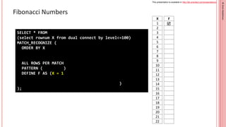 This presentation is available in http://db-oriented.com/presentations
©
Oren
Nakdimon
©
Oren
Nakdimon
Fibonacci Numbers
X
1
2
3
4
5
6
7
8
9
10
11
12
13
14
15
16
17
18
19
20
21
22
F

SELECT * FROM
(select rownum X from dual connect by level<=100)
MATCH_RECOGNIZE (
ORDER BY X
MEASURES
CLASSIFIER() AS F_OR_NOT
ALL ROWS PER MATCH
PATTERN ( (F|NF)+ )
DEFINE F AS (X = 1 OR
X = 2 OR
X = LAST(F.X,1) + LAST(F.X,2))
);
 