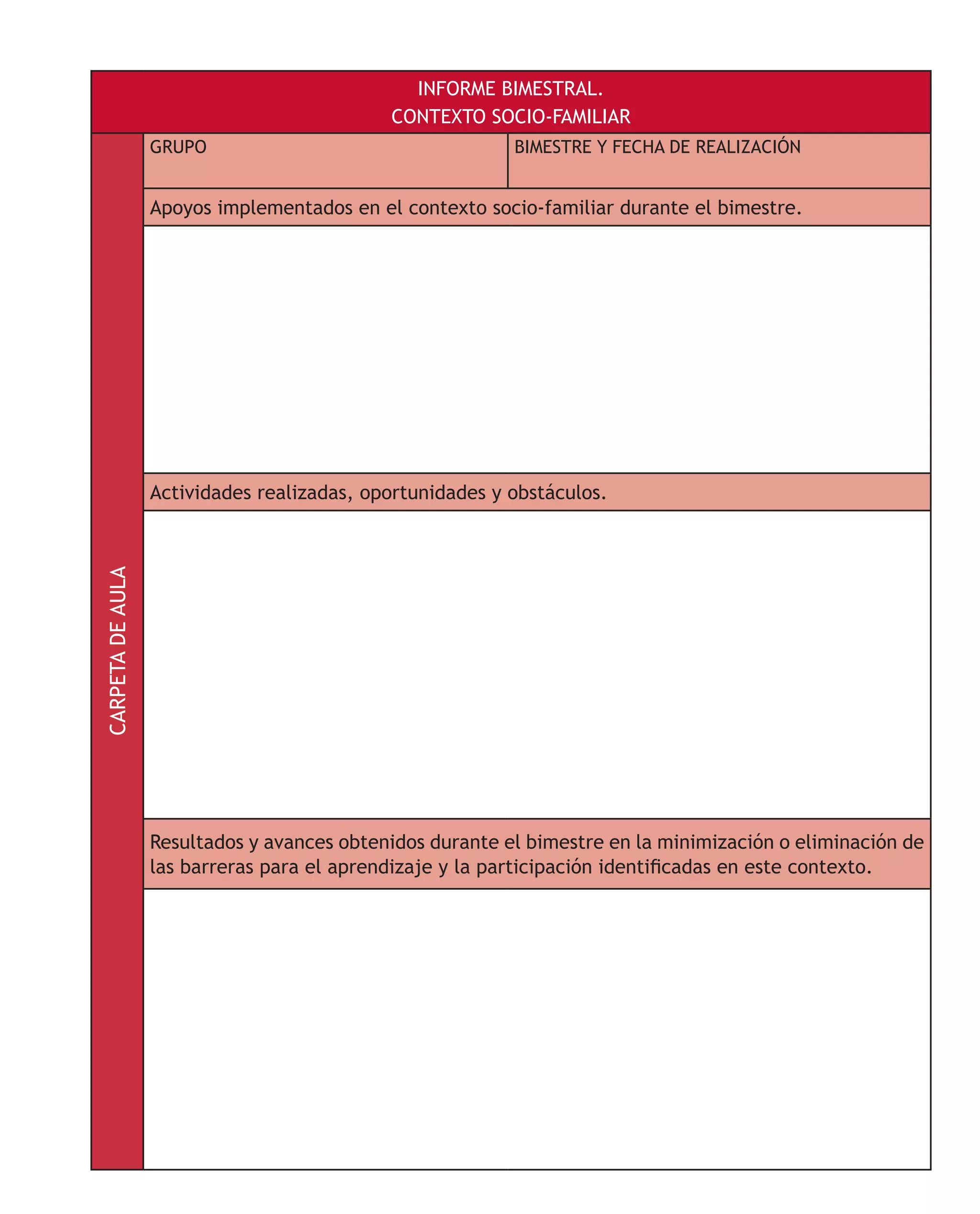 INFORME BIMESTRAL.
CONTEXTO SOCIO-FAMILIARCARPETADEAULA
GRUPO BIMESTRE Y FECHA DE REALIZACIÓN
Apoyos implementados en el contexto socio-familiar durante el bimestre.
Actividades realizadas, oportunidades y obstáculos.
Resultados y avances obtenidos durante el bimestre en la minimización o eliminación de
las barreras para el aprendizaje y la participación identificadas en este contexto.
 