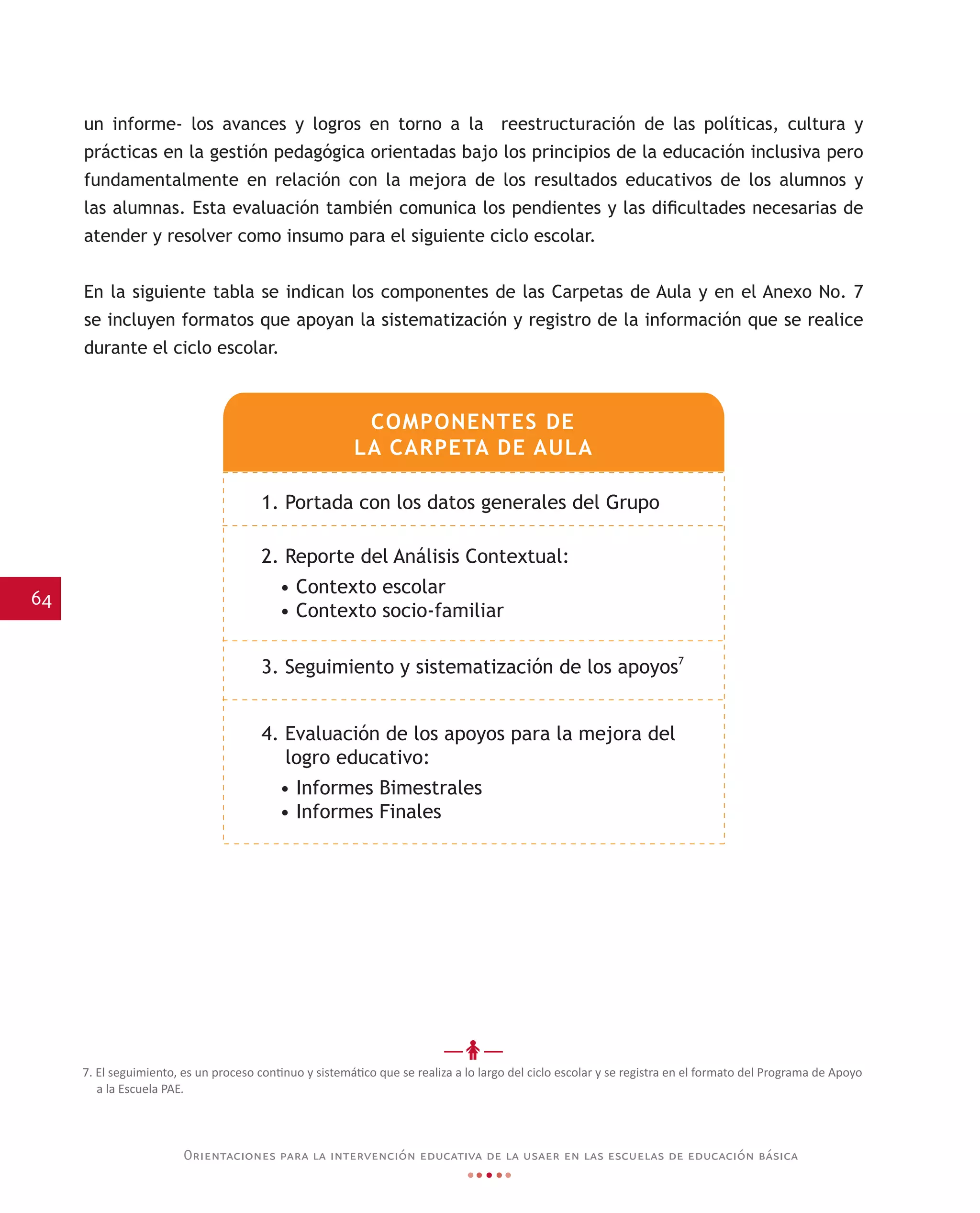 64
Orientaciones para la intervención educativa de la usaer en las escuelas de educación básica
un informe- los avances y logros en torno a la reestructuración de las políticas, cultura y
prácticas en la gestión pedagógica orientadas bajo los principios de la educación inclusiva pero
fundamentalmente en relación con la mejora de los resultados educativos de los alumnos y
las alumnas. Esta evaluación también comunica los pendientes y las dificultades necesarias de
atender y resolver como insumo para el siguiente ciclo escolar.
En la siguiente tabla se indican los componentes de las Carpetas de Aula y en el Anexo No. 7
se incluyen formatos que apoyan la sistematización y registro de la información que se realice
durante el ciclo escolar.
7. El seguimiento, es un proceso continuo y sistemático que se realiza a lo largo del ciclo escolar y se registra en el formato del Programa de Apoyo
a la Escuela PAE.
COMPONENTES DE
LA CARPETA DE AULA
1. Portada con los datos generales del Grupo
3. Seguimiento y sistematización de los apoyos
2. Reporte del Análisis Contextual:
• Contexto escolar
• Contexto socio-familiar
4. Evaluación de los apoyos para la mejora del
logro educativo:
• Informes Bimestrales
• Informes Finales
7
 