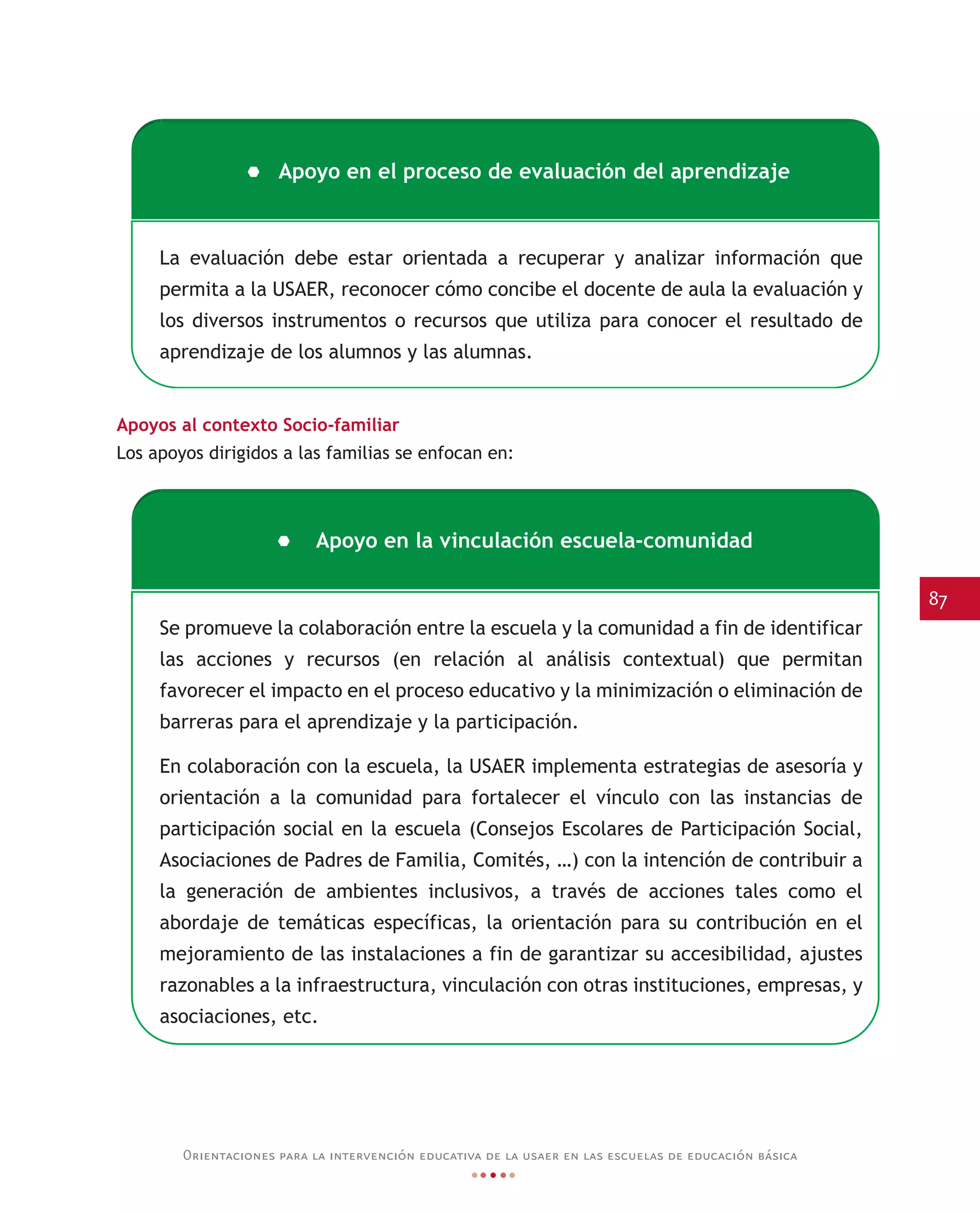 87
Orientaciones para la intervención educativa de la usaer en las escuelas de educación básica
Apoyos al contexto Socio-familiar
Los apoyos dirigidos a las familias se enfocan en:
La evaluación debe estar orientada a recuperar y analizar información que
permita a la USAER, reconocer cómo concibe el docente de aula la evaluación y
los diversos instrumentos o recursos que utiliza para conocer el resultado de
aprendizaje de los alumnos y las alumnas.
Apoyo en el proceso de evaluación del aprendizaje
Se promueve la colaboración entre la escuela y la comunidad a fin de identificar
las acciones y recursos (en relación al análisis contextual) que permitan
favorecer el impacto en el proceso educativo y la minimización o eliminación de
barreras para el aprendizaje y la participación.
En colaboración con la escuela, la USAER implementa estrategias de asesoría y
orientación a la comunidad para fortalecer el vínculo con las instancias de
participación social en la escuela (Consejos Escolares de Participación Social,
Asociaciones de Padres de Familia, Comités, …) con la intención de contribuir a
la generación de ambientes inclusivos, a través de acciones tales como el
abordaje de temáticas específicas, la orientación para su contribución en el
mejoramiento de las instalaciones a fin de garantizar su accesibilidad, ajustes
razonables a la infraestructura, vinculación con otras instituciones, empresas, y
asociaciones, etc.
Apoyo en la vinculación escuela-comunidad
 