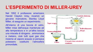 L’ESPERIMENTO DI MILLER-UREY
Nel 1952 il professore americano
Harold Clayton Urey, incaricò un
giovane ricercatore, Stanley Lloyd
Miller, di eseguire un esperimento.
All’interno di una boccia di vetro,
Miller mise dell’acqua mantenuta ad
alta temperatura e in un’altra boccia
una miscela di idrogeno , ammoniaca
e metano, cioè tutti quei gas che
insieme al vapore acqueo si pensava
potessero costituire l’atmosfera
primordiale.
 